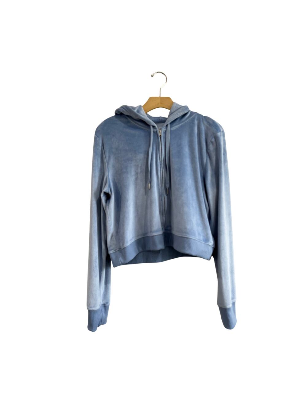 Aerie Cropped Velour Hoodie Light Blue Y2K Soft Cozy Zip Sweatshirt XL